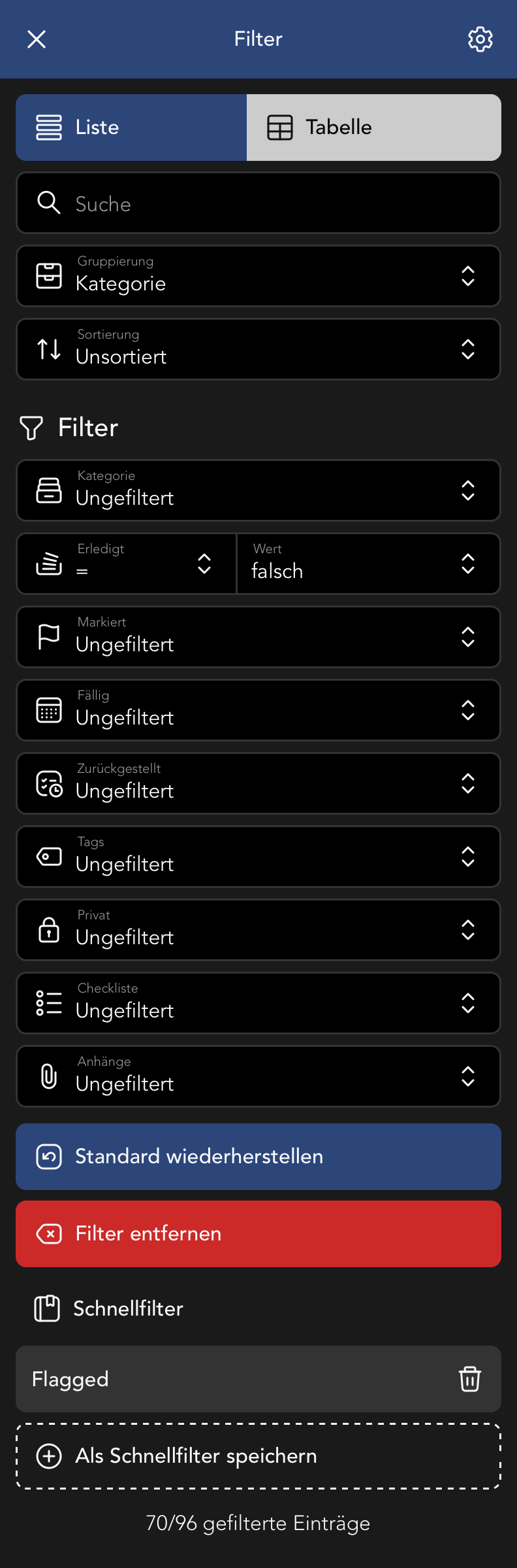 Filter Menu in der Aufgaben Übersicht