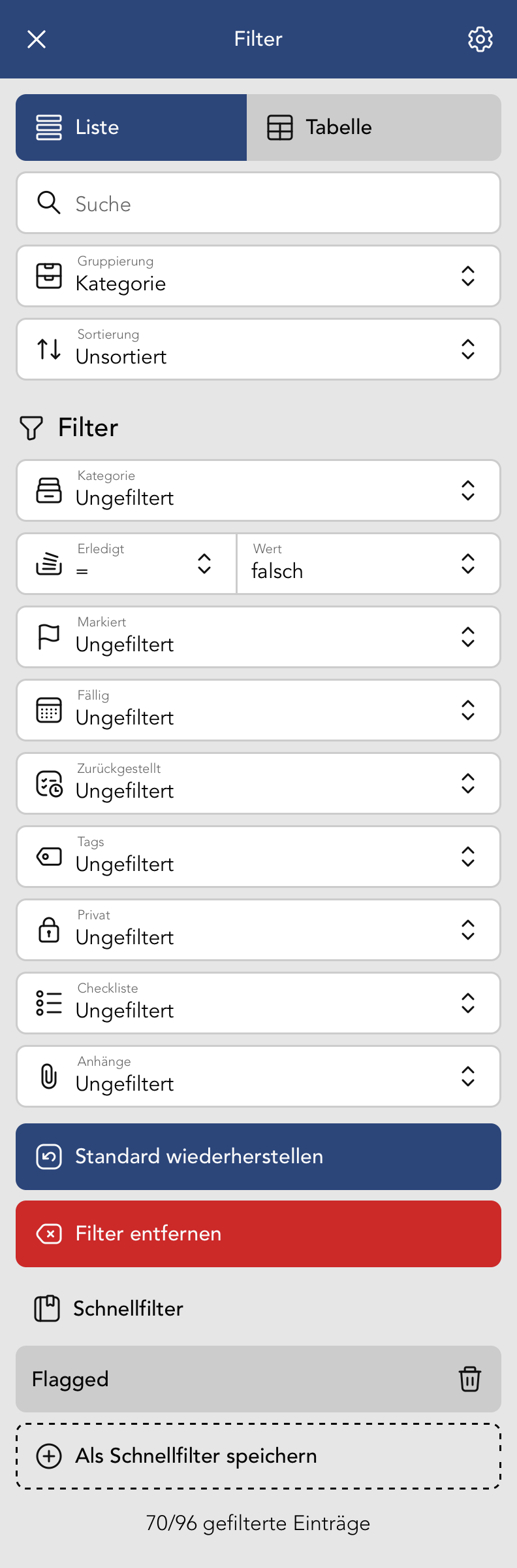 Filter Menu in der Aufgaben Übersicht
