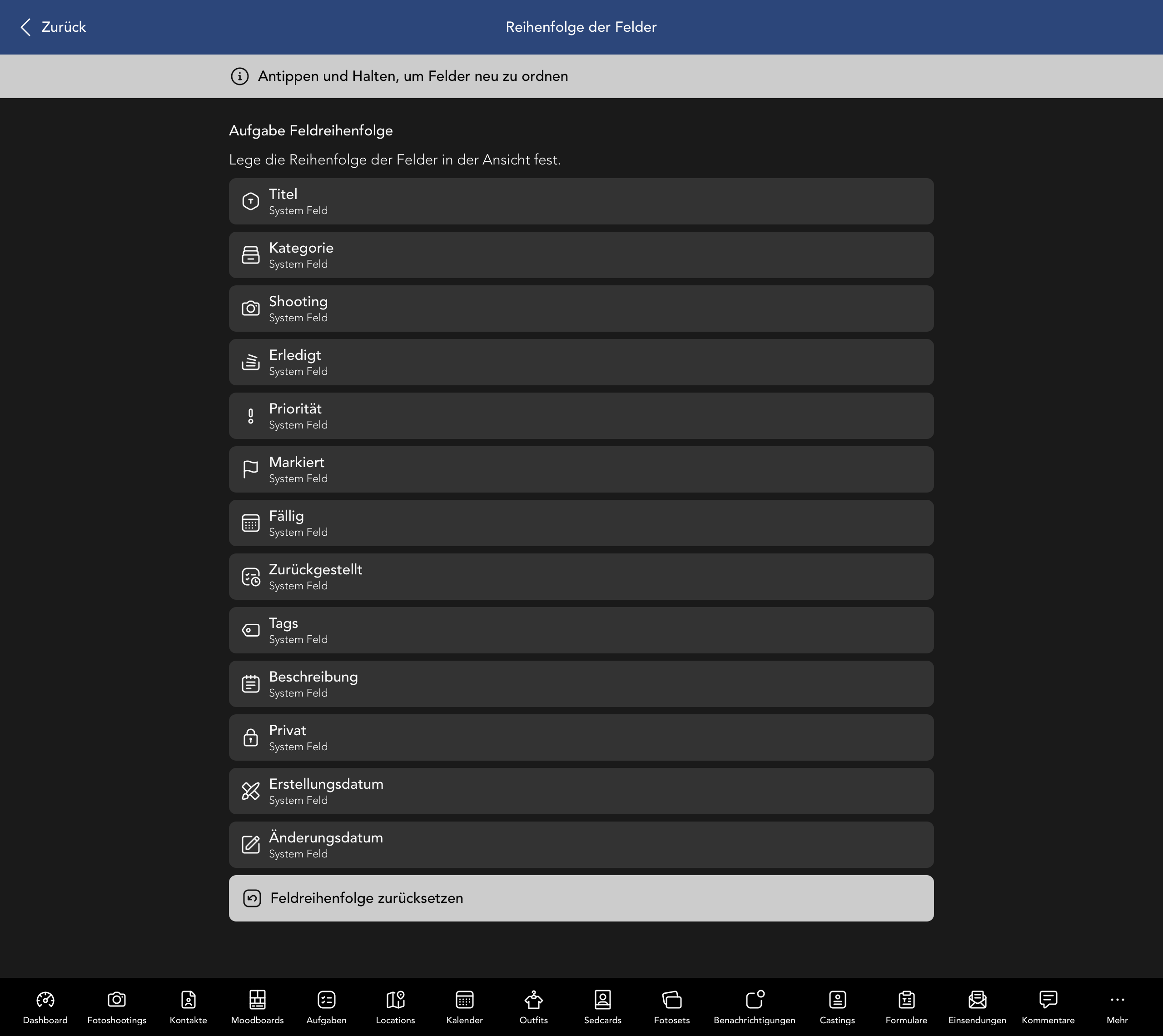 Reihenfolge der Aufgabe Felder