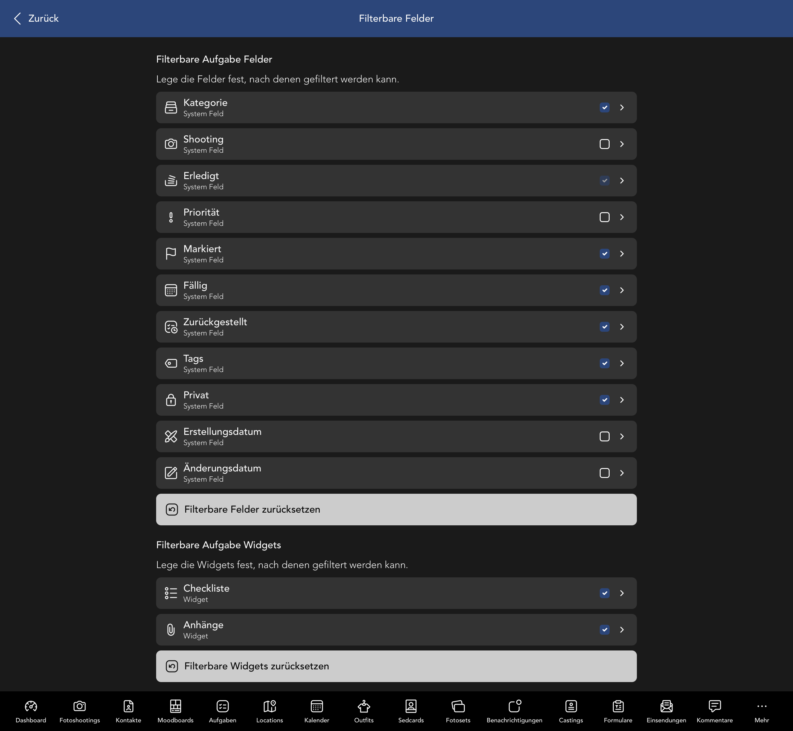 Filterbare Aufgabe Felder und Widgets
