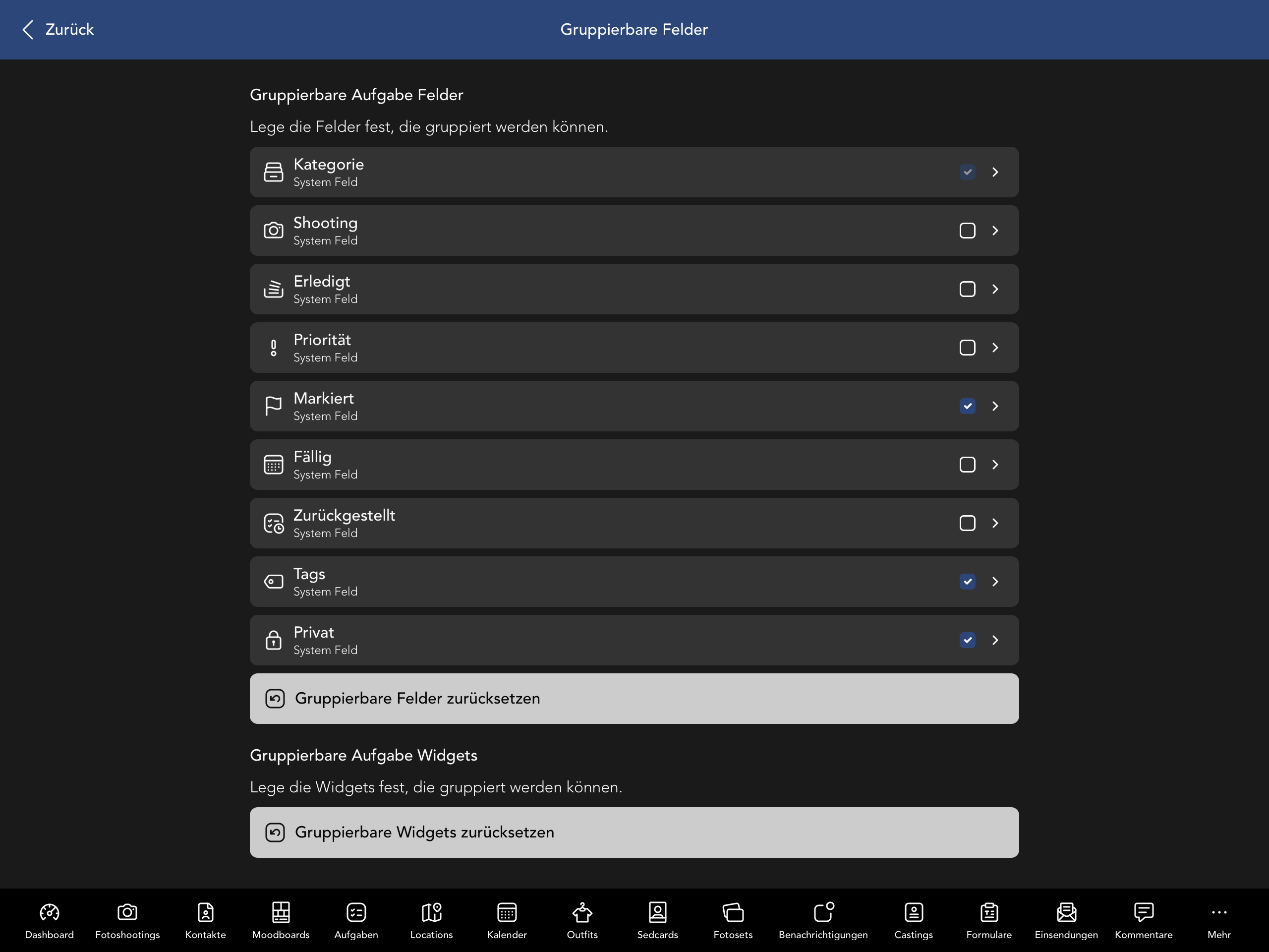 Gruppierbare Aufgabe Felder und Widgets