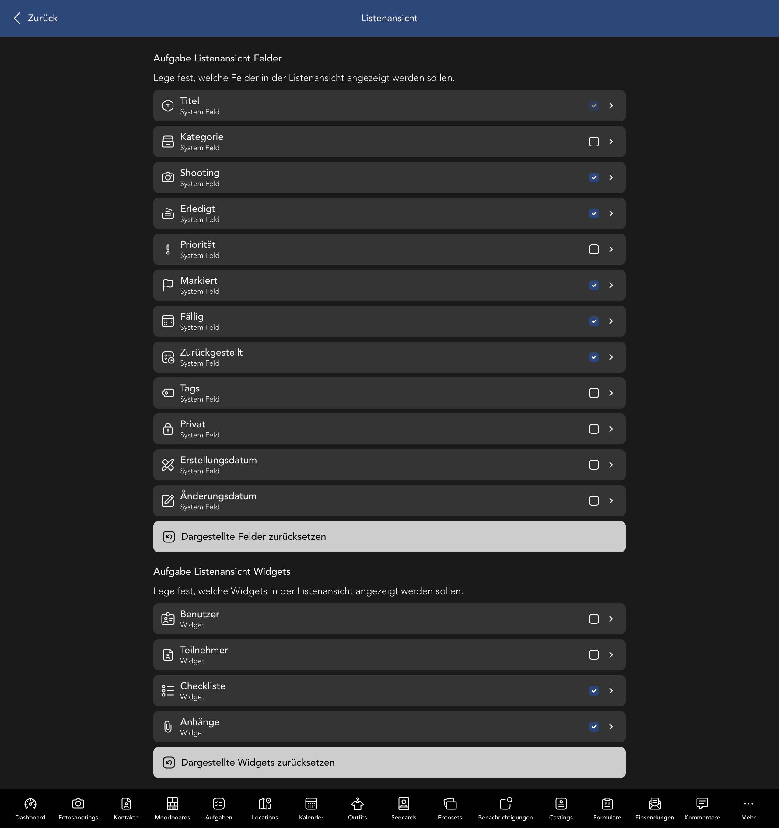 Aufgabe Listenansicht Felder und Widgets