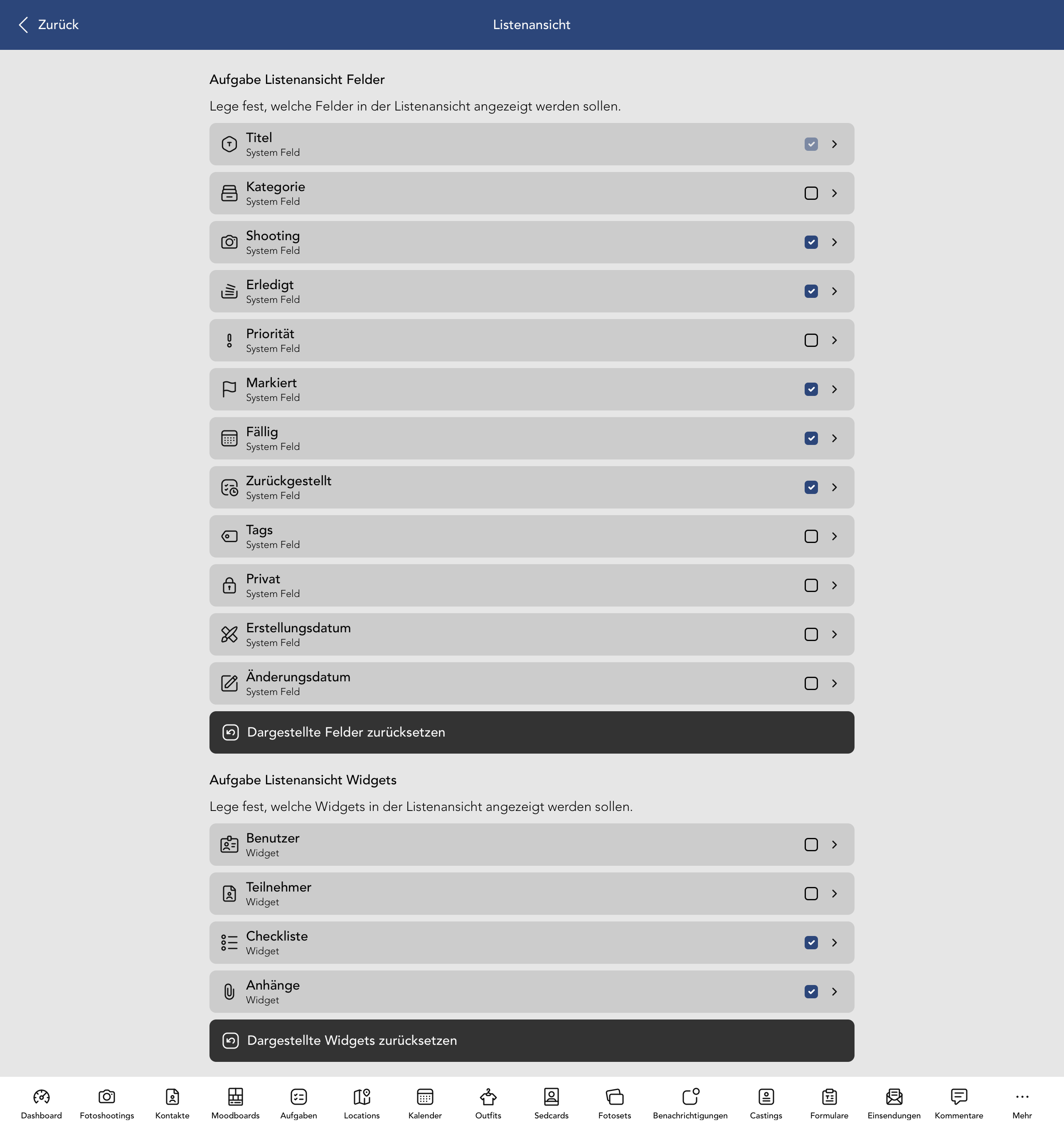 Aufgabe Listenansicht Felder und Widgets