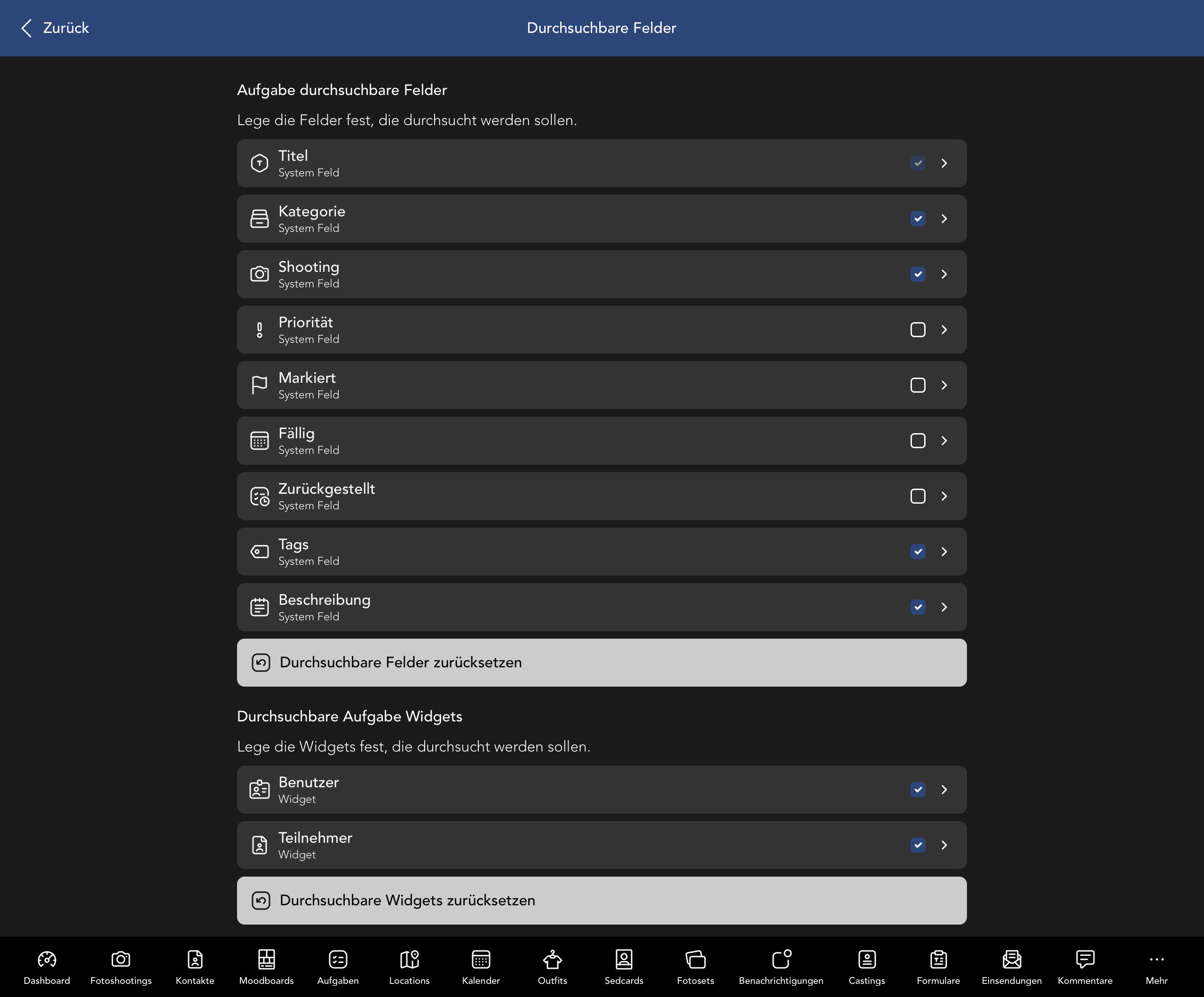 Durchsuchbare Aufgabe Felder und Widgets