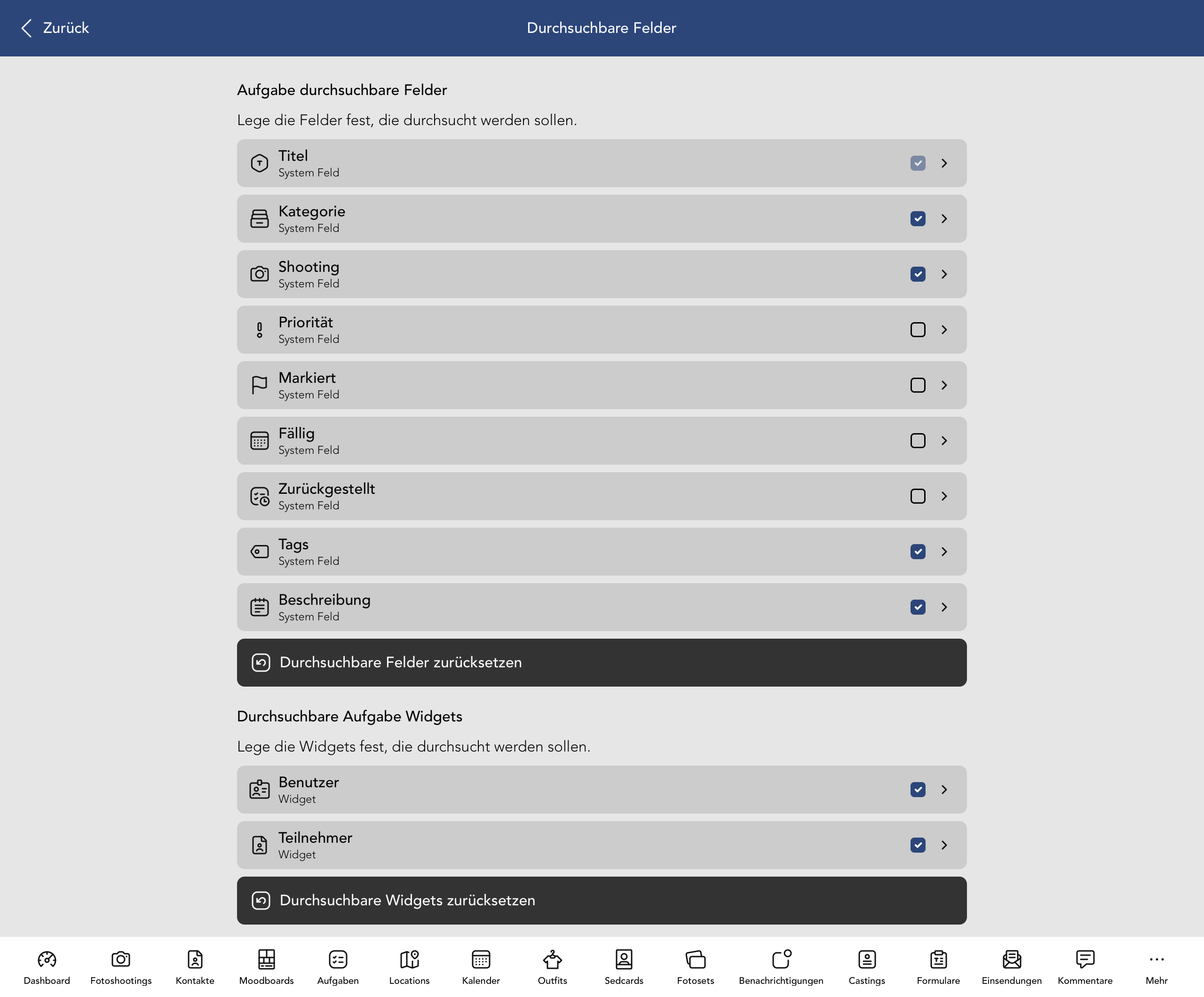 Durchsuchbare Aufgabe Felder und Widgets