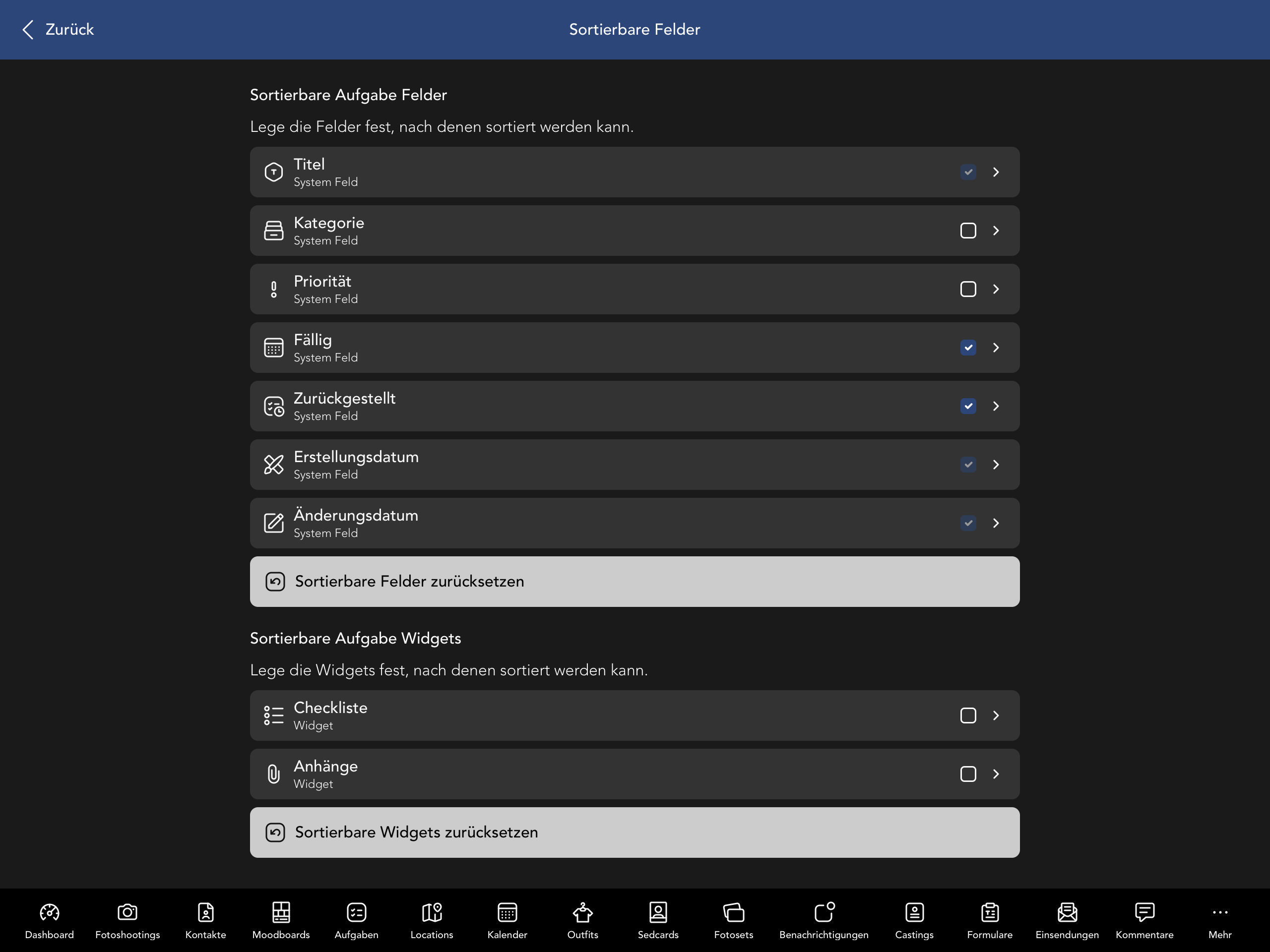 Sortierbare Aufgabe Felder und Widgets