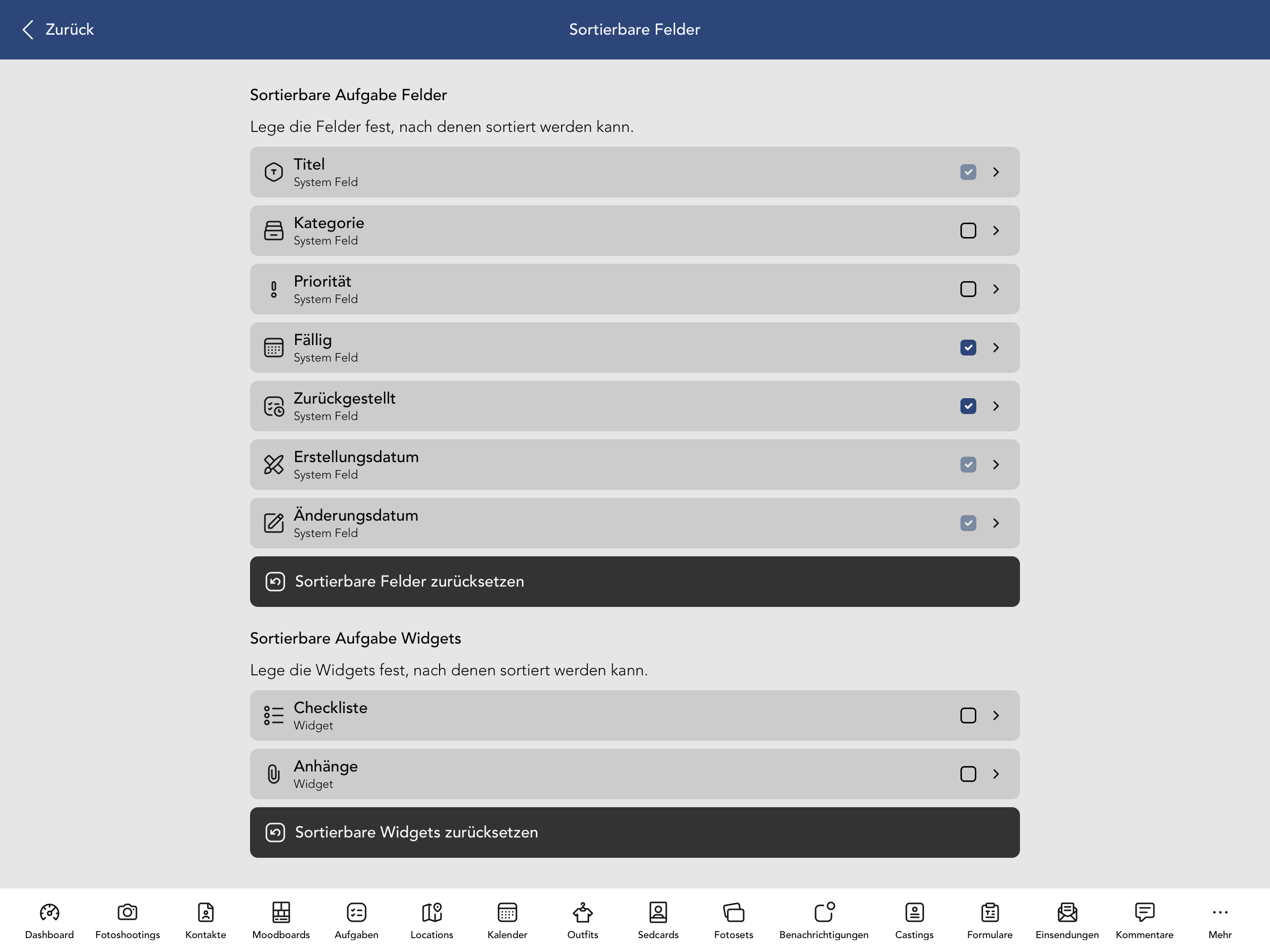 Sortierbare Aufgabe Felder und Widgets