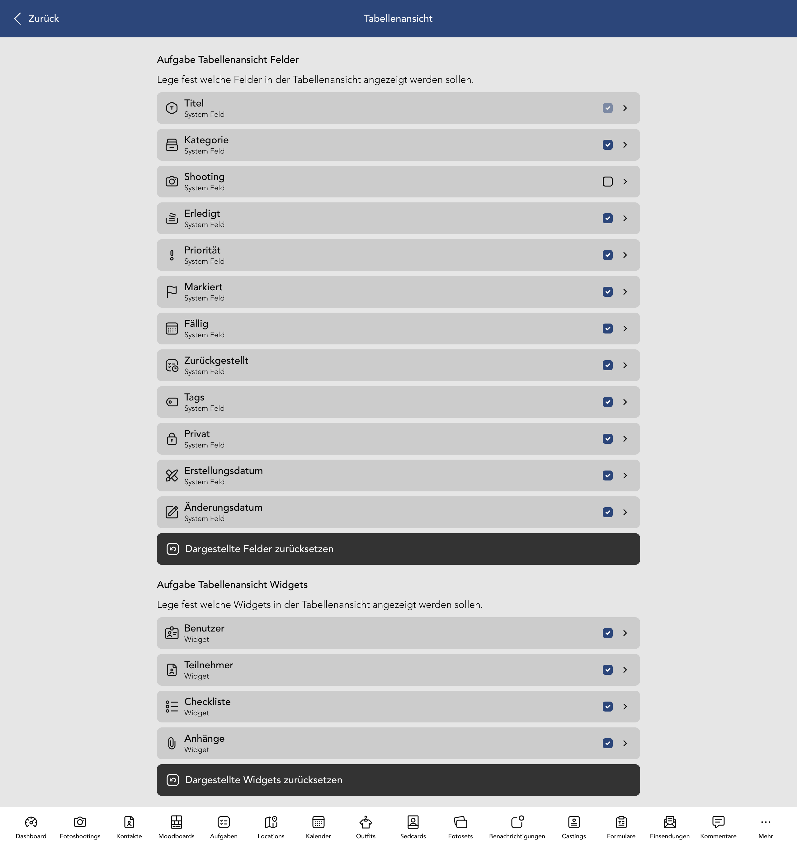 Aufgabe Tabellenansicht Felder und Widgets