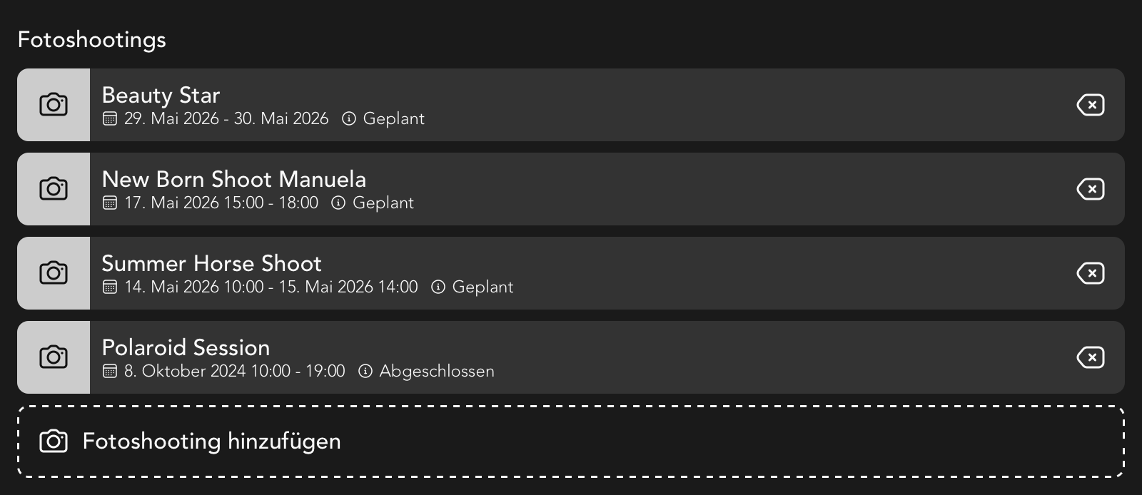 Fotoshootings Widget in der Nutzer Detailansicht