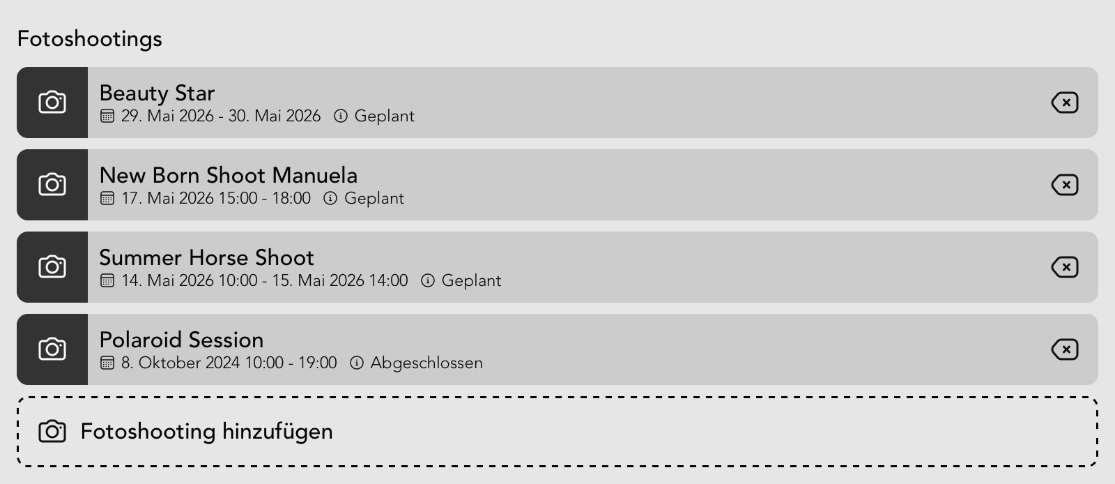 Fotoshootings Widget in der Nutzer Detailansicht