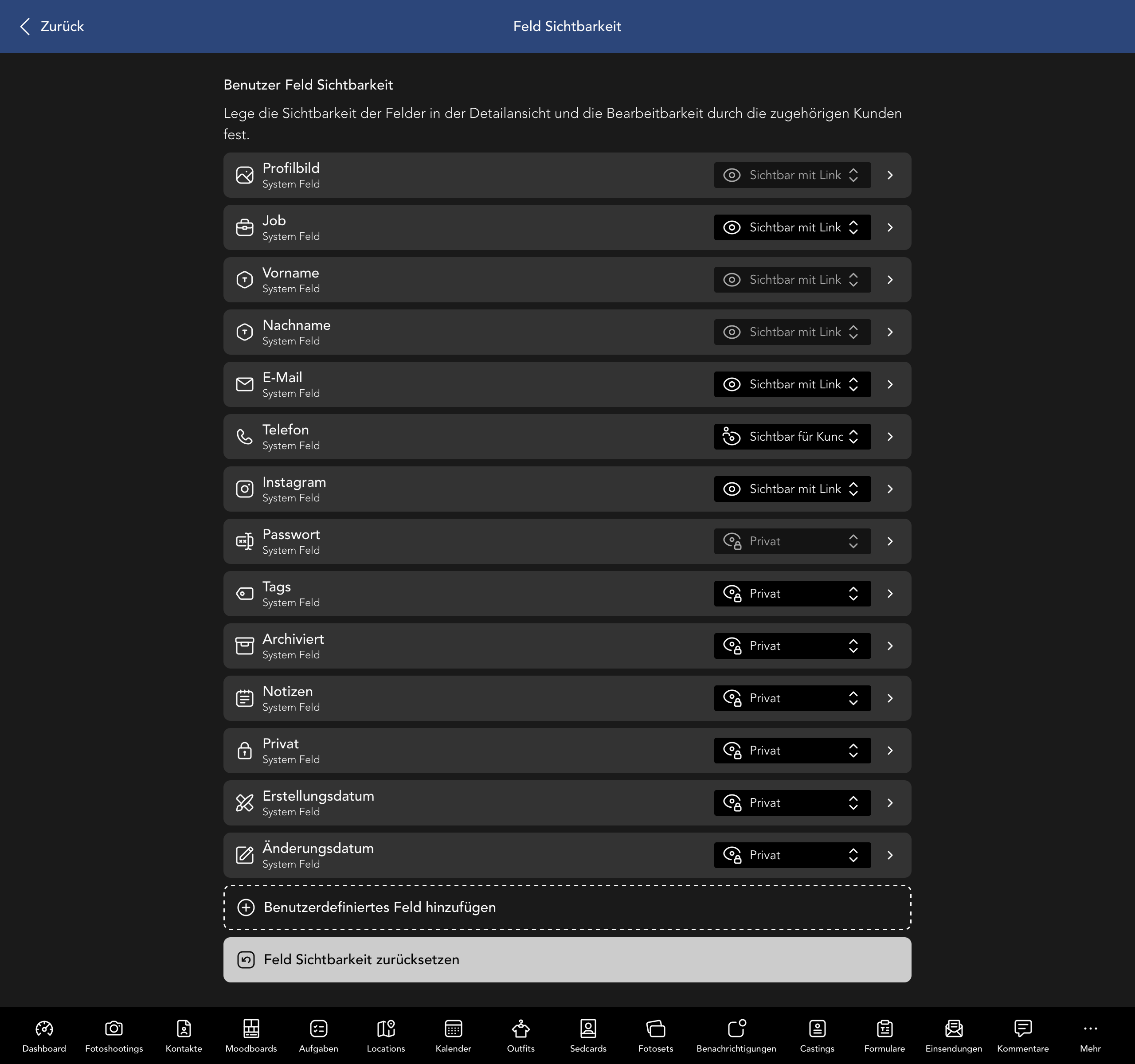 Nutzer Feld Sichtbarkeit