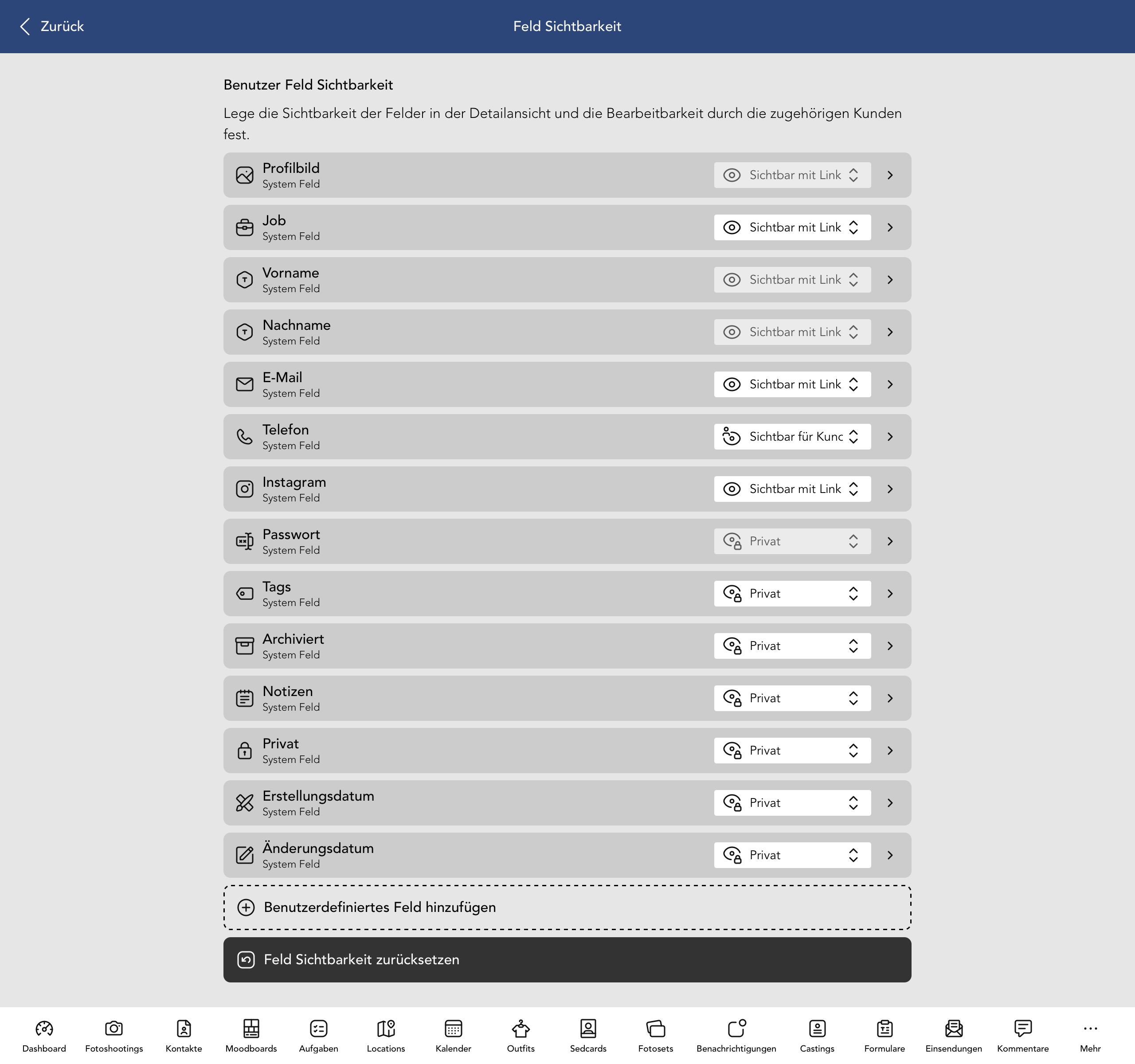 Nutzer Feld Sichtbarkeit