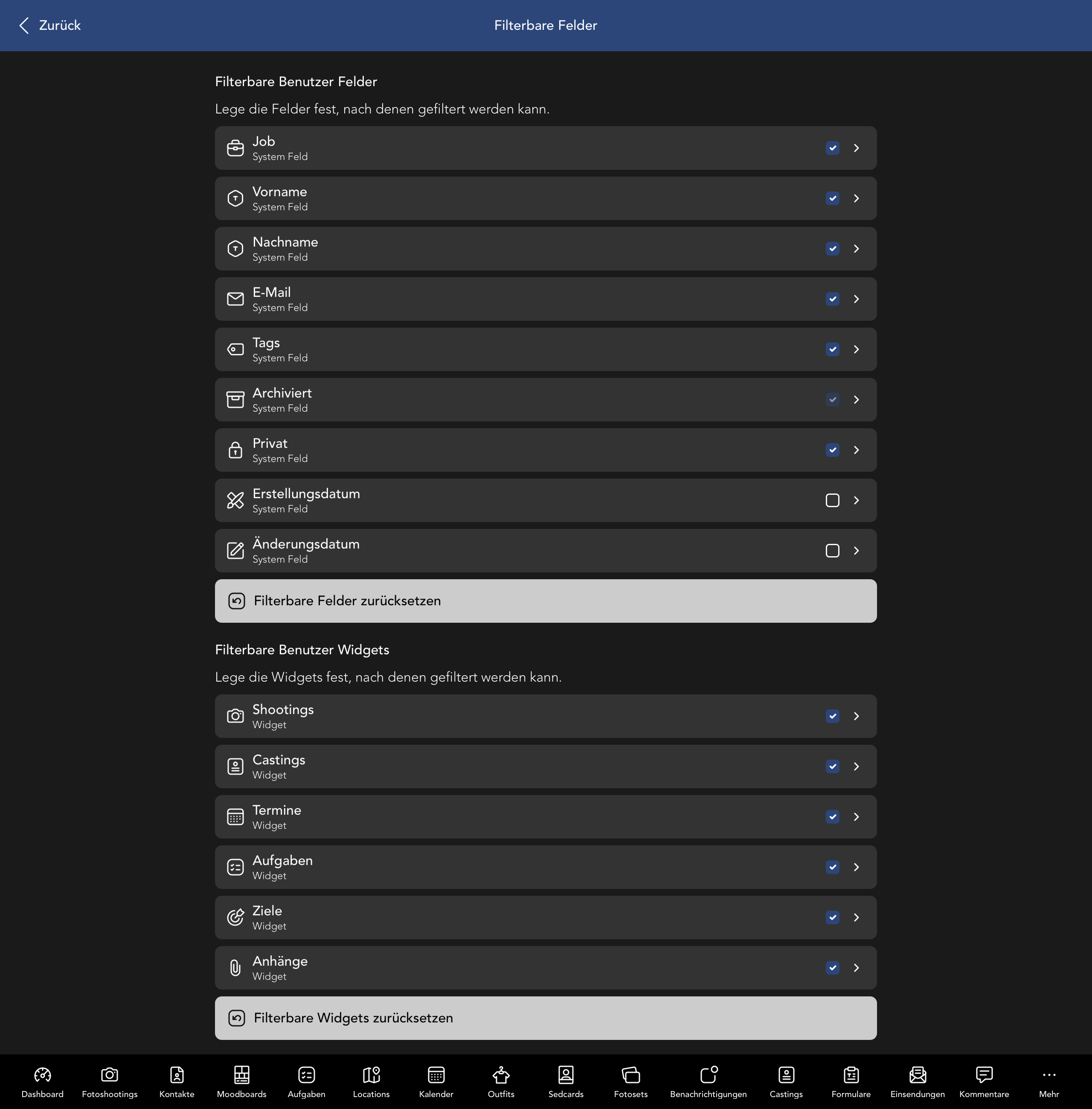 Filterbare Nutzer Felder und Widgets