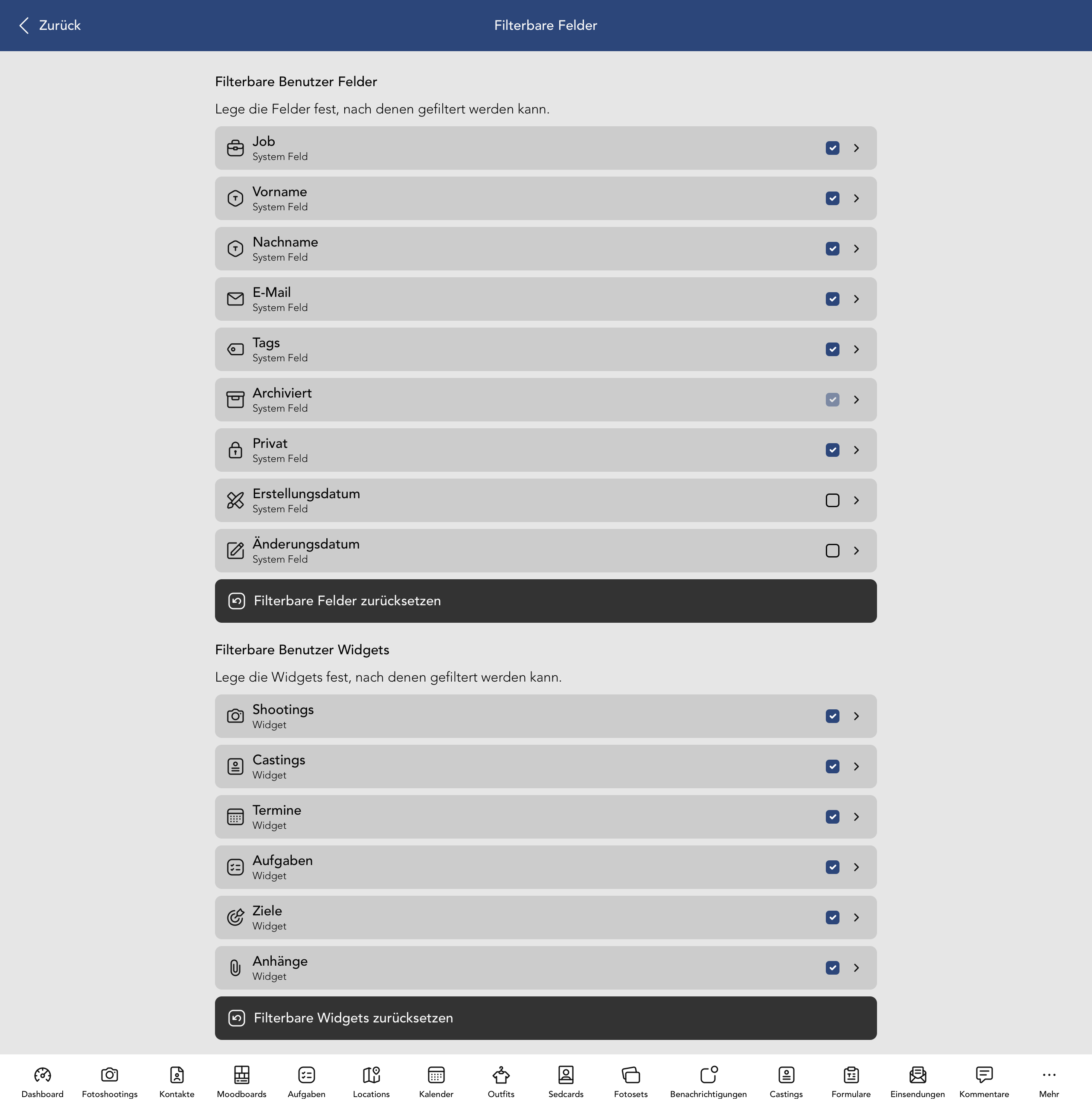 Filterbare Nutzer Felder und Widgets
