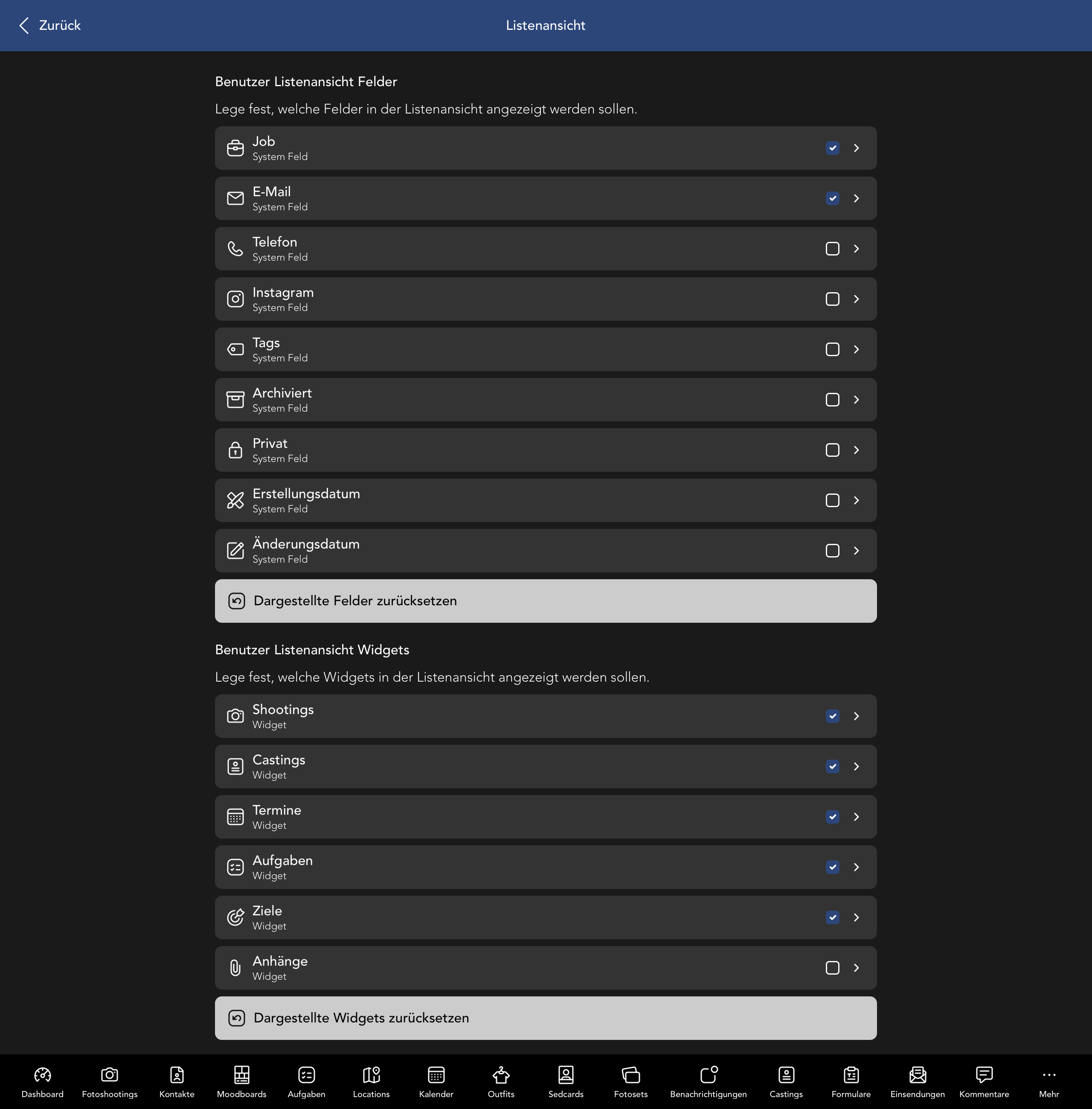 Nutzer Listenansicht Felder und Widgets