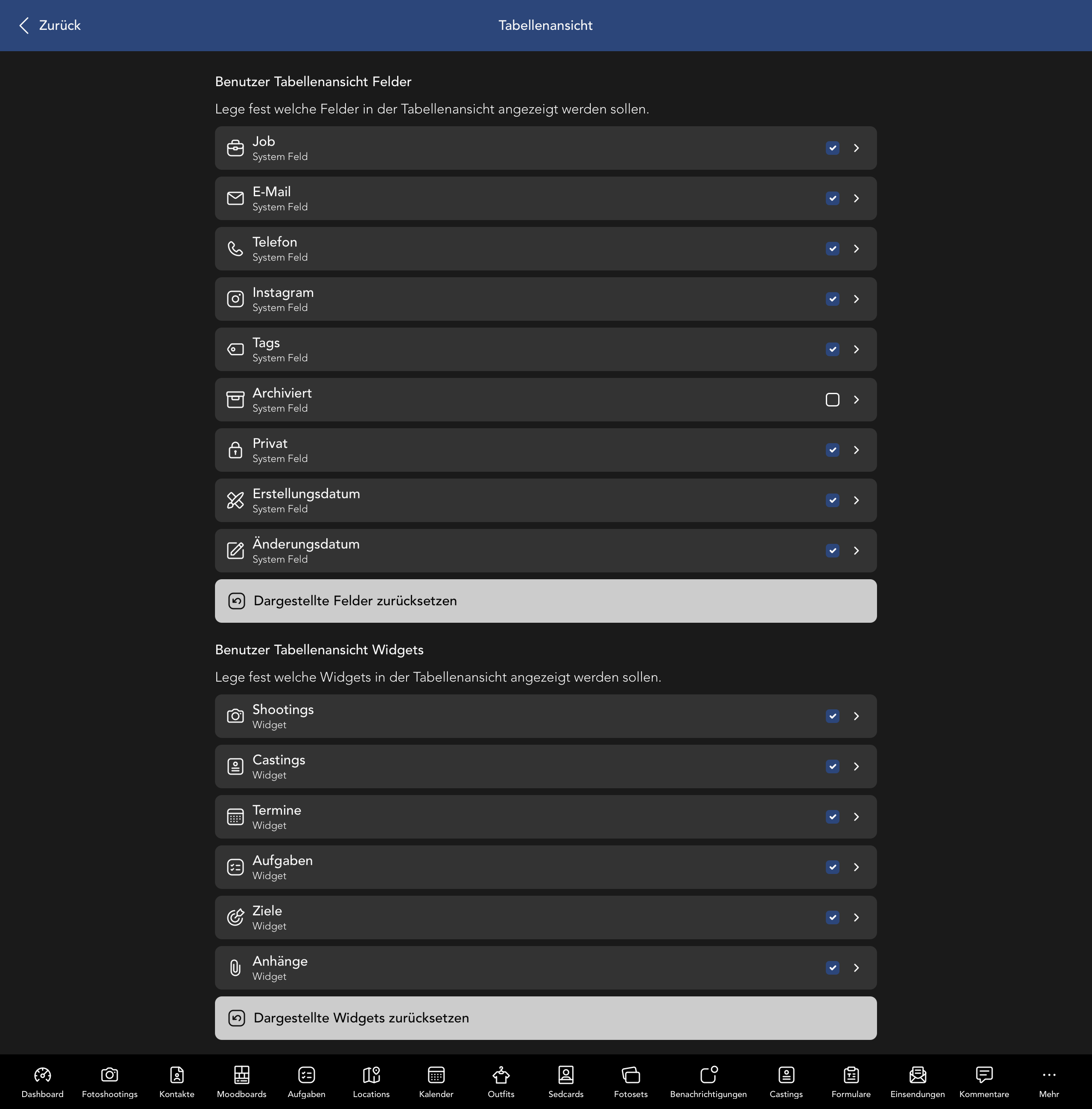 Nutzer Tabellenansicht Felder und Widgets