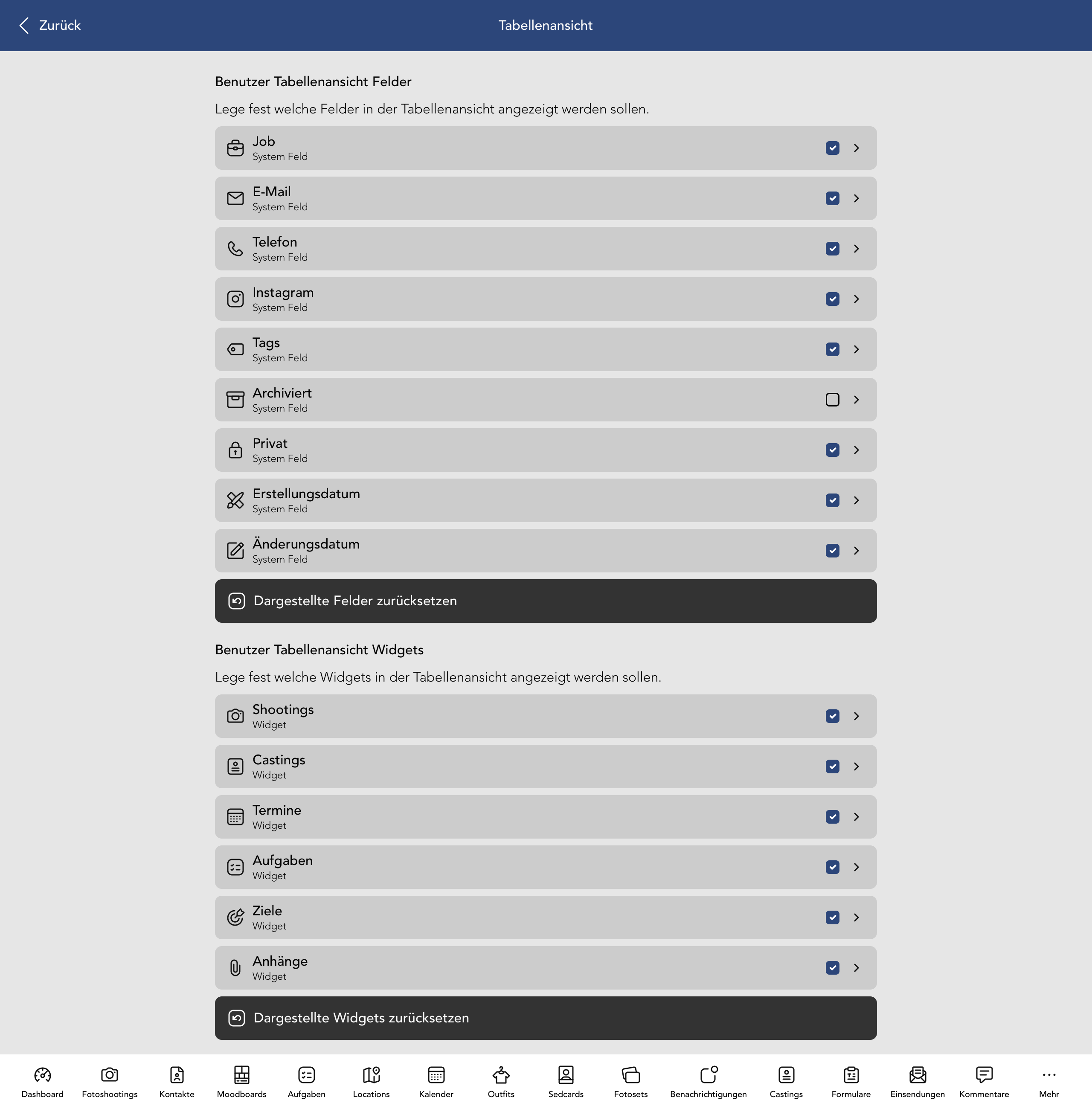 Nutzer Tabellenansicht Felder und Widgets