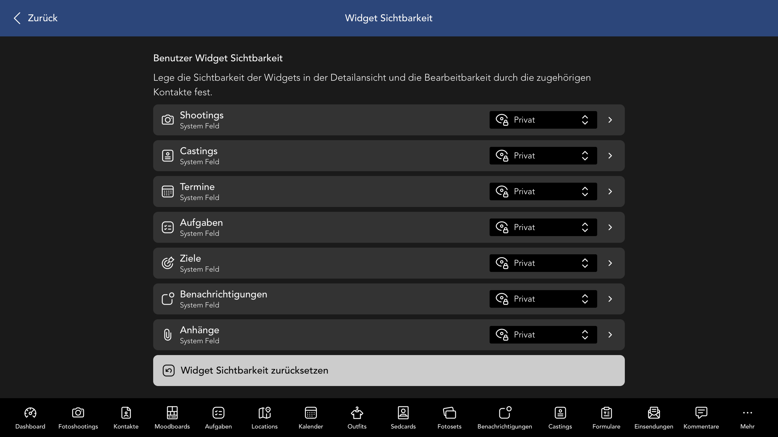 Nutzer Widget Sichtbarkeit